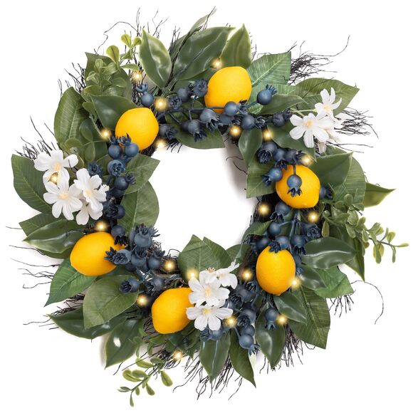 Other - 3326 Summer Artificial Lemon Wreaths with Lights, Spring Summer Door Wreath
